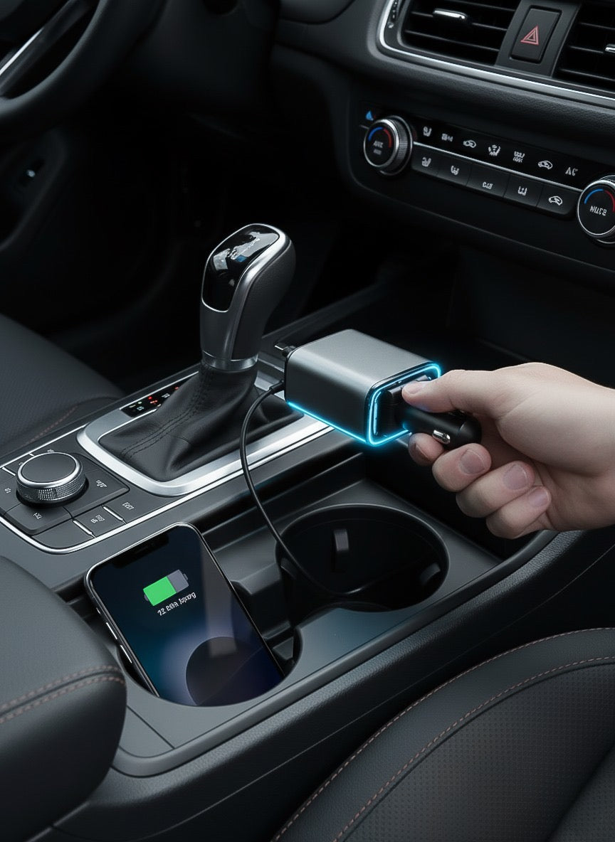 60W Fast Car Charger with Digital Display - Dual USB-C & USB-A Ports