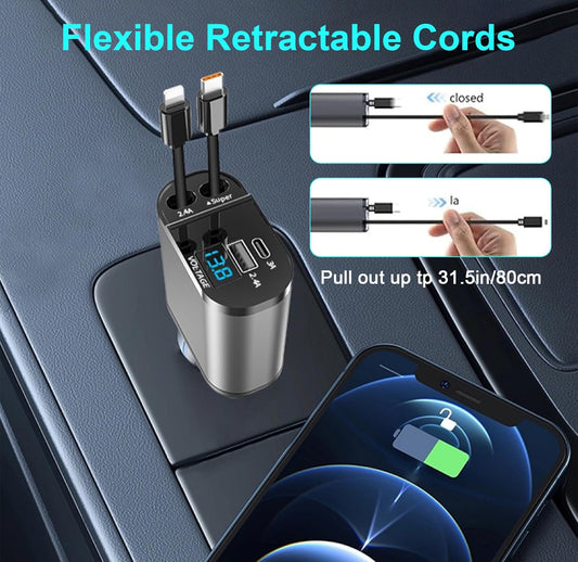 Retractable Car Charger 4 in 1 Dual Port USB C PD Fast Charging Car Cigarette Lighter Adapter with Voltage Display Compatible with iPhone 14 13 Pro Max, iPad, Samsung (DulaTypeC)