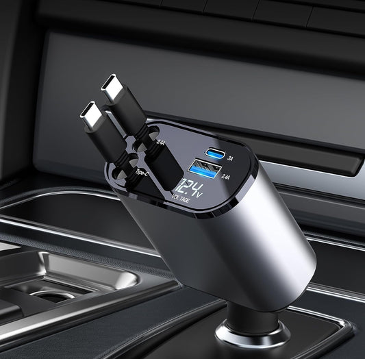 60W Fast Car Charger with Digital Display - Dual USB-C & USB-A Ports