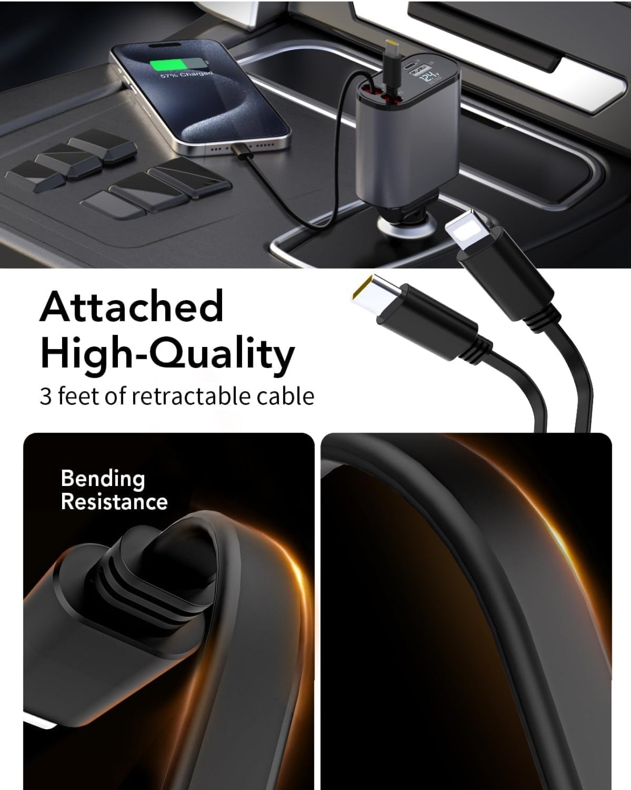 60W Fast Car Charger with Digital Display - Dual USB-C & USB-A Ports