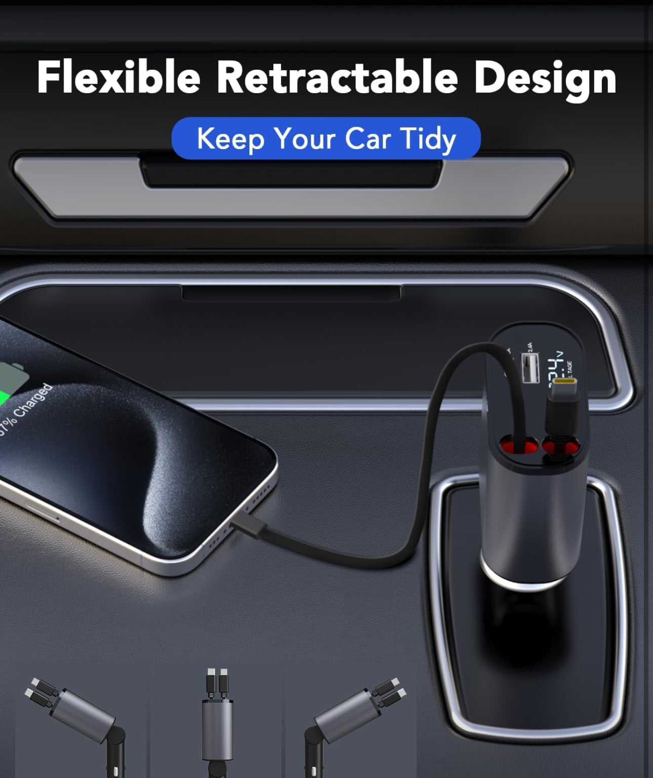 60W Fast Car Charger with Digital Display - Dual USB-C & USB-A Ports