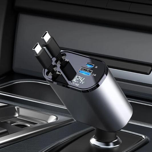 60W Fast Car Charger with Digital Display - Dual USB-C & USB-A Ports