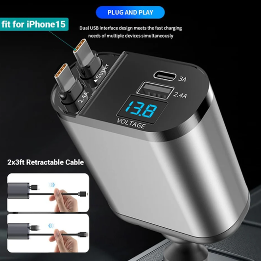 Retractable Car Charger 4 in 1 Dual Port USB C PD