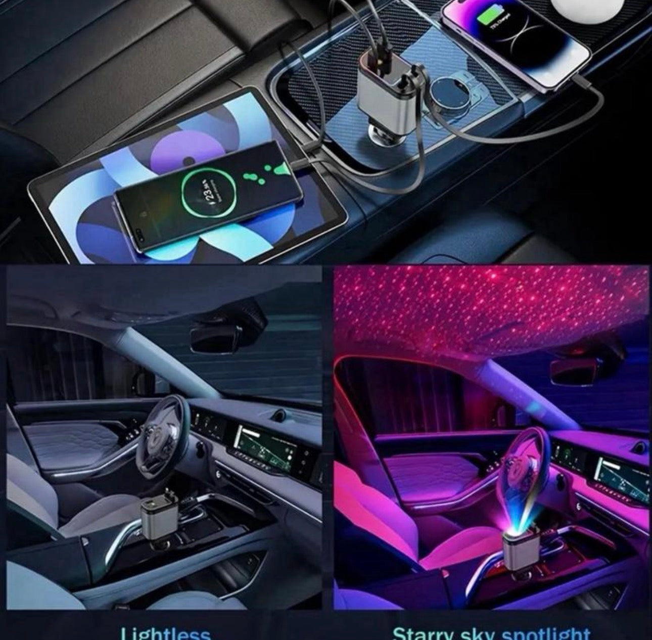 Retractable Car Charger with RGB Light Effect and Multiple Connector Options for Convenient Charging usb