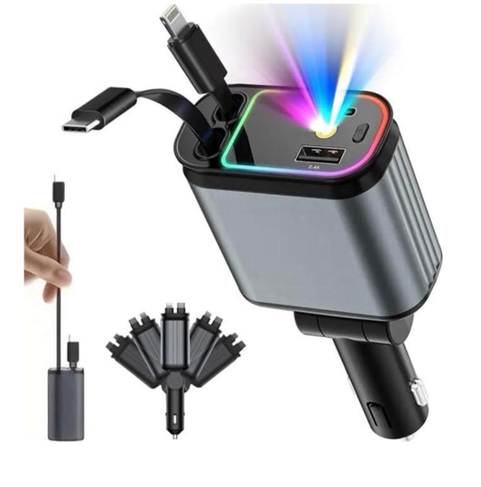 Retractable Car Charger with RGB Light Effect and Multiple Connector Options for Convenient Charging usb