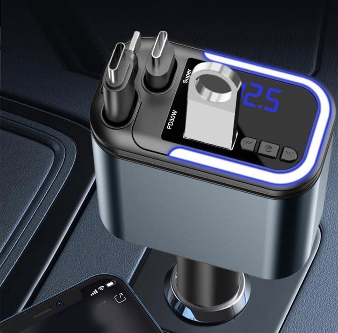 180W Car Charger with Bluetooth, 5-in-1 Fast Charging Station, Type-C PD3.0, LED Display, FM Transmitter, Dual USB Ports, 30 Min Quick Charge Compatible