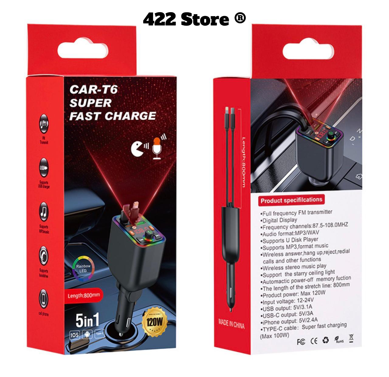 120W Telescopic Car Charger 5-in-1 PD Type-C USB Adapter, Multi Overload Protection, Star Light FM Player Car Charger