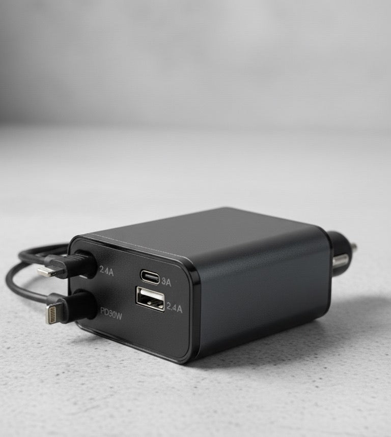 60W Fast Car Charger with Digital Display - Dual USB-C & USB-A Ports