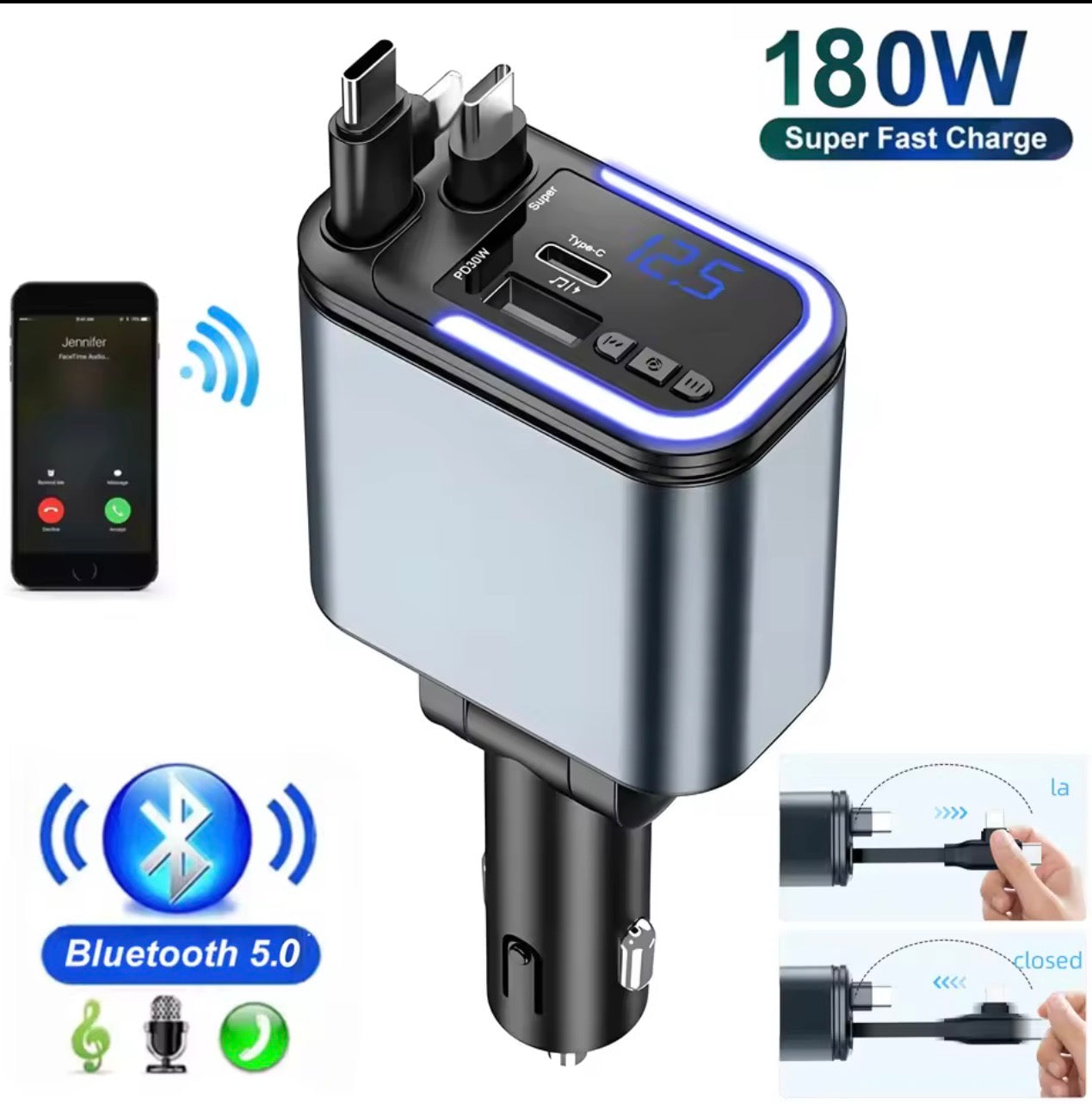 180W Car Charger with Bluetooth, 5-in-1 Fast Charging Station, Type-C PD3.0, LED Display, FM Transmitter, Dual USB Ports, 30 Min Quick Charge Compatible