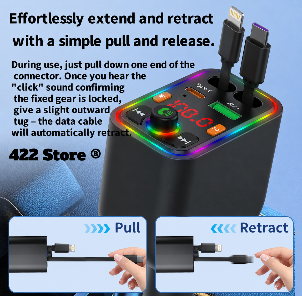 120W Telescopic Car Charger 5-in-1 PD Type-C USB Adapter, Multi Overload Protection, Star Light FM Player Car Charger