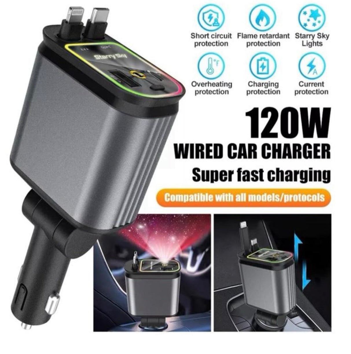Retractable Car Charger with RGB Light Effect and Multiple Connector Options for Convenient Charging usb