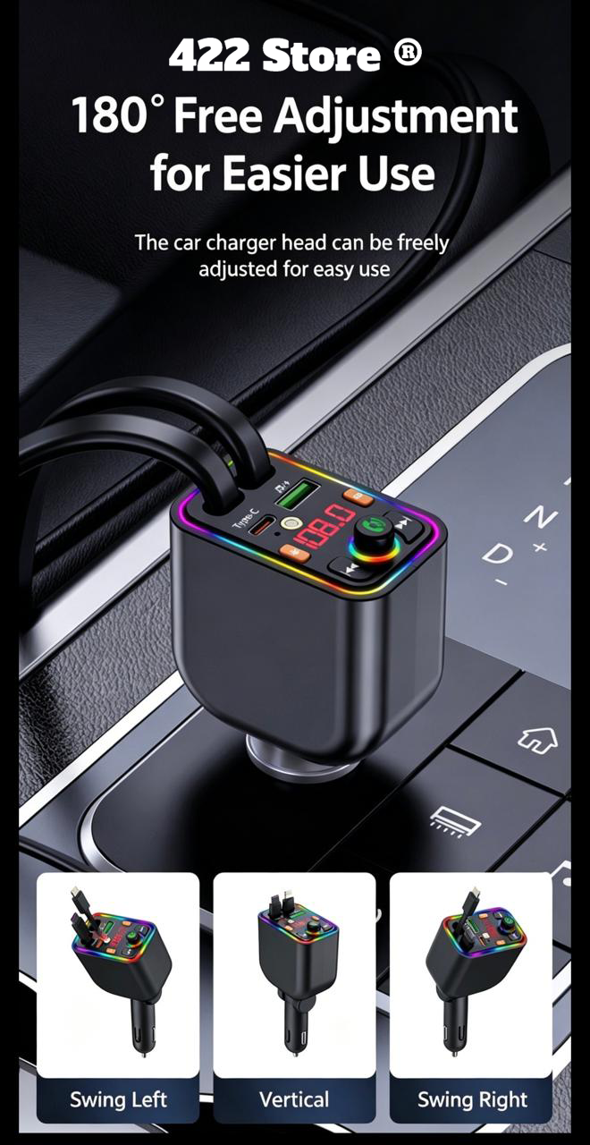 120W Telescopic Car Charger 5-in-1 PD Type-C USB Adapter, Multi Overload Protection, Star Light FM Player Car Charger
