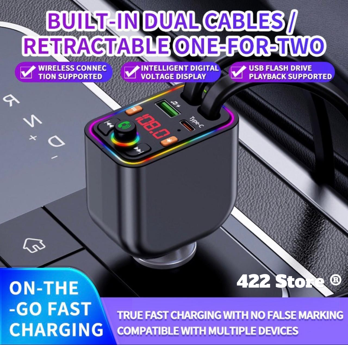 120W Telescopic Car Charger 5-in-1 PD Type-C USB Adapter, Multi Overload Protection, Star Light FM Player Car Charger