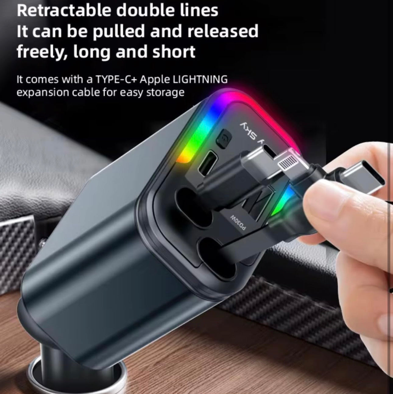 5 in 1 Car Charger, 120W Fast USB-C Adapter, LED Ambient Light, Multiple Ports, 180° Rotating Design