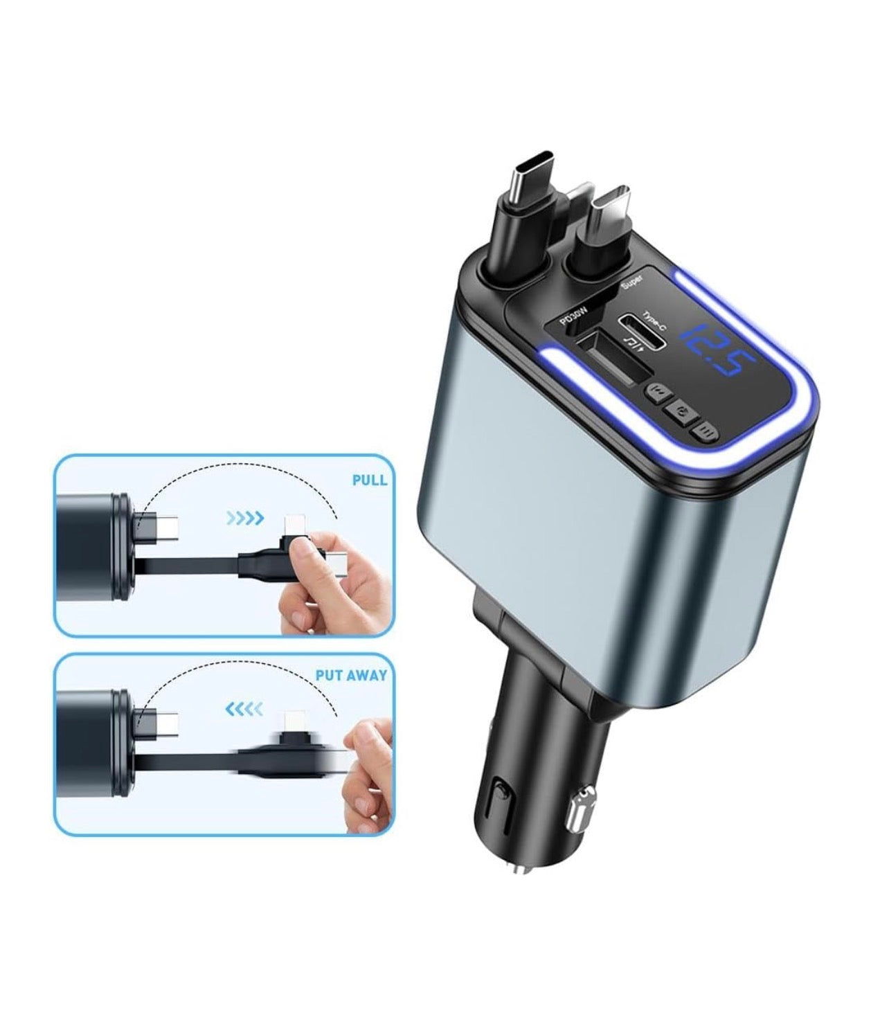 180W Car Charger with Bluetooth, 5-in-1 Fast Charging Station, Type-C PD3.0, LED Display, FM Transmitter, Dual USB Ports, 30 Min Quick Charge Compatible