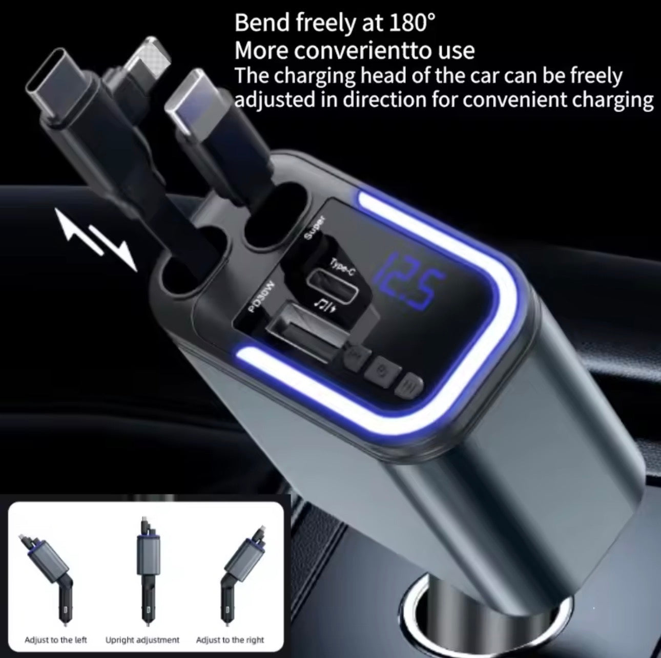 180W Car Charger with Bluetooth, 5-in-1 Fast Charging Station, Type-C PD3.0, LED Display, FM Transmitter, Dual USB Ports, 30 Min Quick Charge Compatible