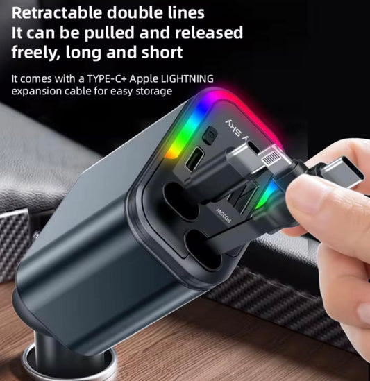 5 in 1 Car Charger, 120W Fast USB-C Adapter, LED Ambient Light, Multiple Ports, 180° Rotating Design