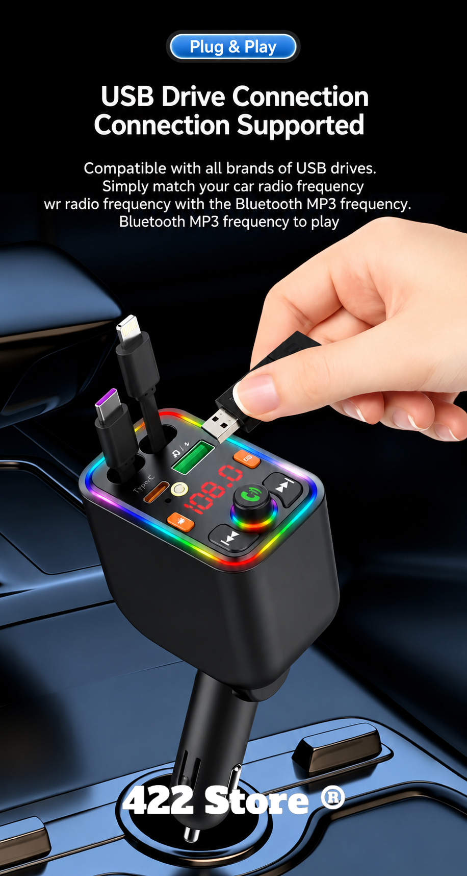 120W Telescopic Car Charger 5-in-1 PD Type-C USB Adapter, Multi Overload Protection, Star Light FM Player Car Charger