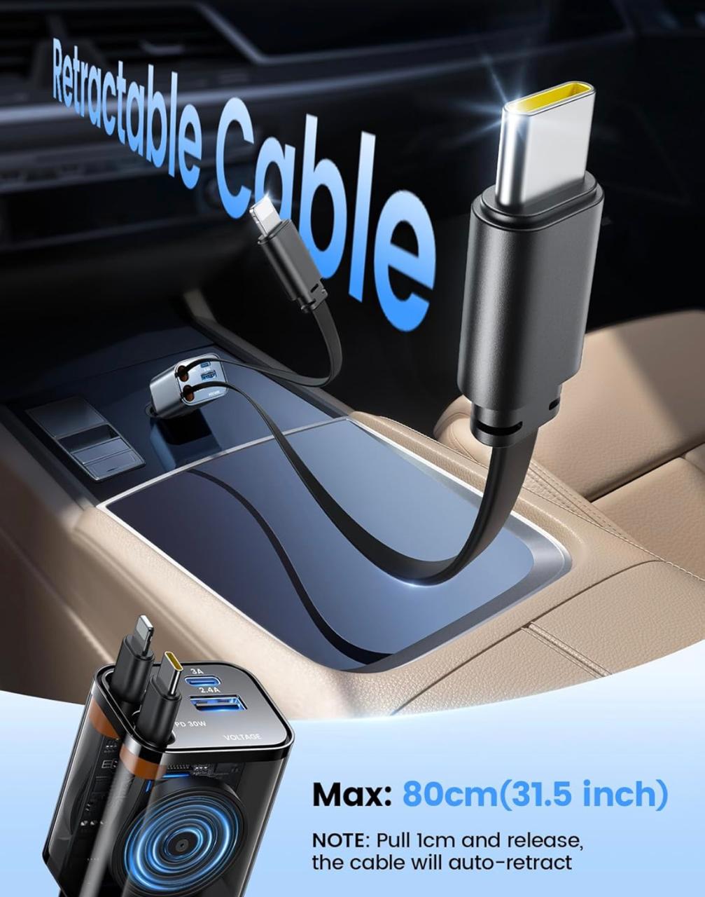 60W Fast Car Charger with Digital Display - Dual USB-C & USB-A Ports