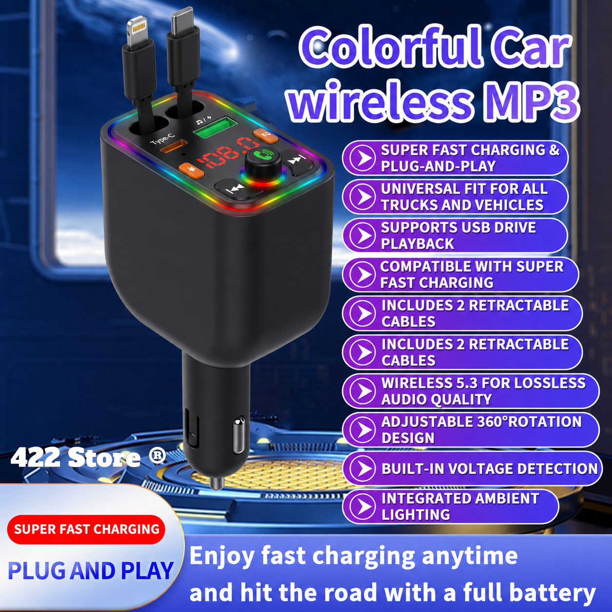 120W Telescopic Car Charger 5-in-1 PD Type-C USB Adapter, Multi Overload Protection, Star Light FM Player Car Charger