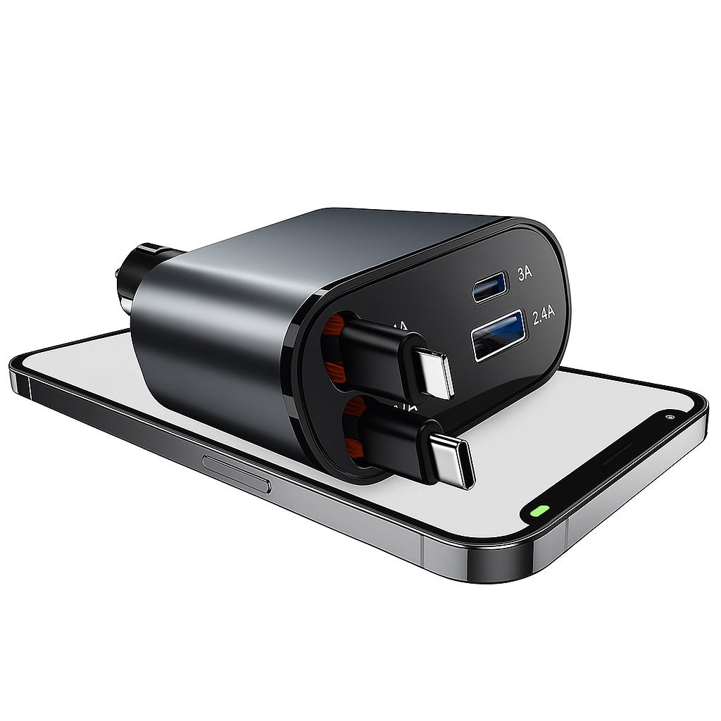 60W Fast Car Charger with Digital Display - Dual USB-C & USB-A Ports