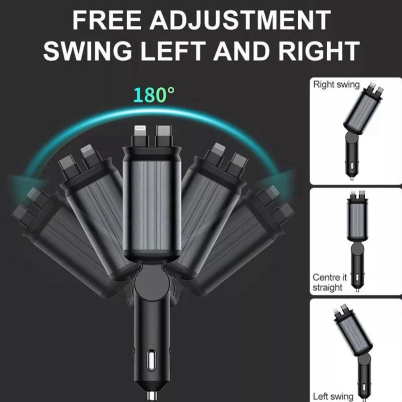 Retractable Car Charger with RGB Light Effect and Multiple Connector Options for Convenient Charging usb