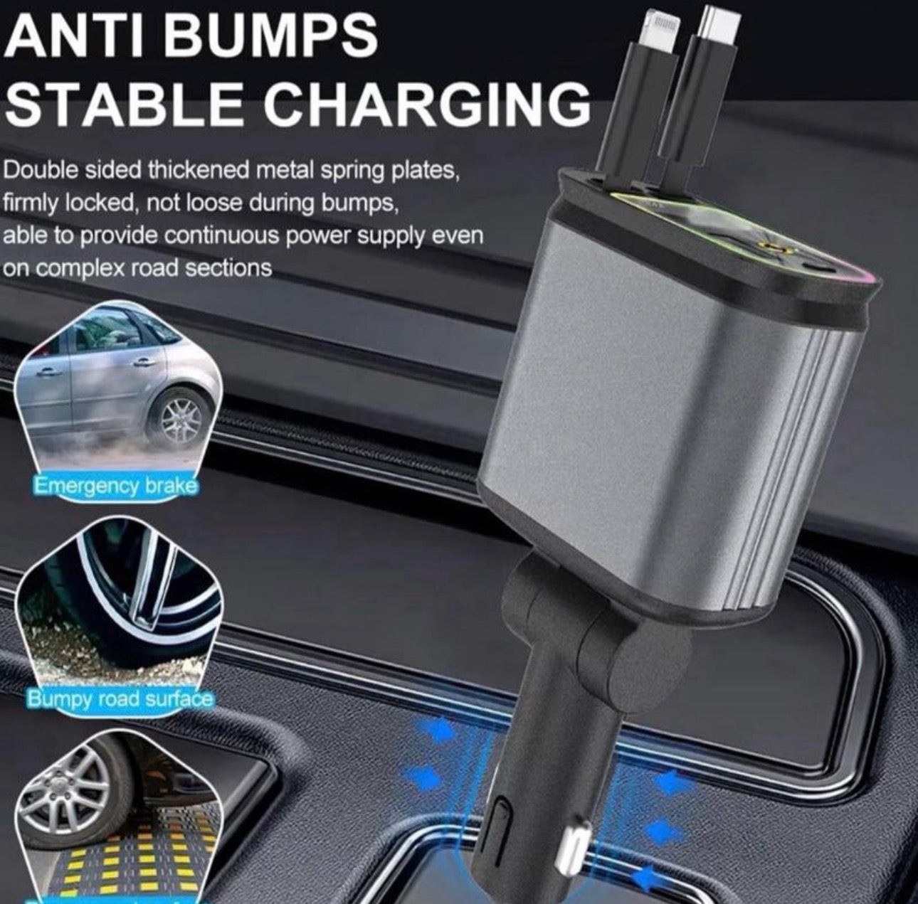 Retractable Car Charger with RGB Light Effect and Multiple Connector Options for Convenient Charging usb