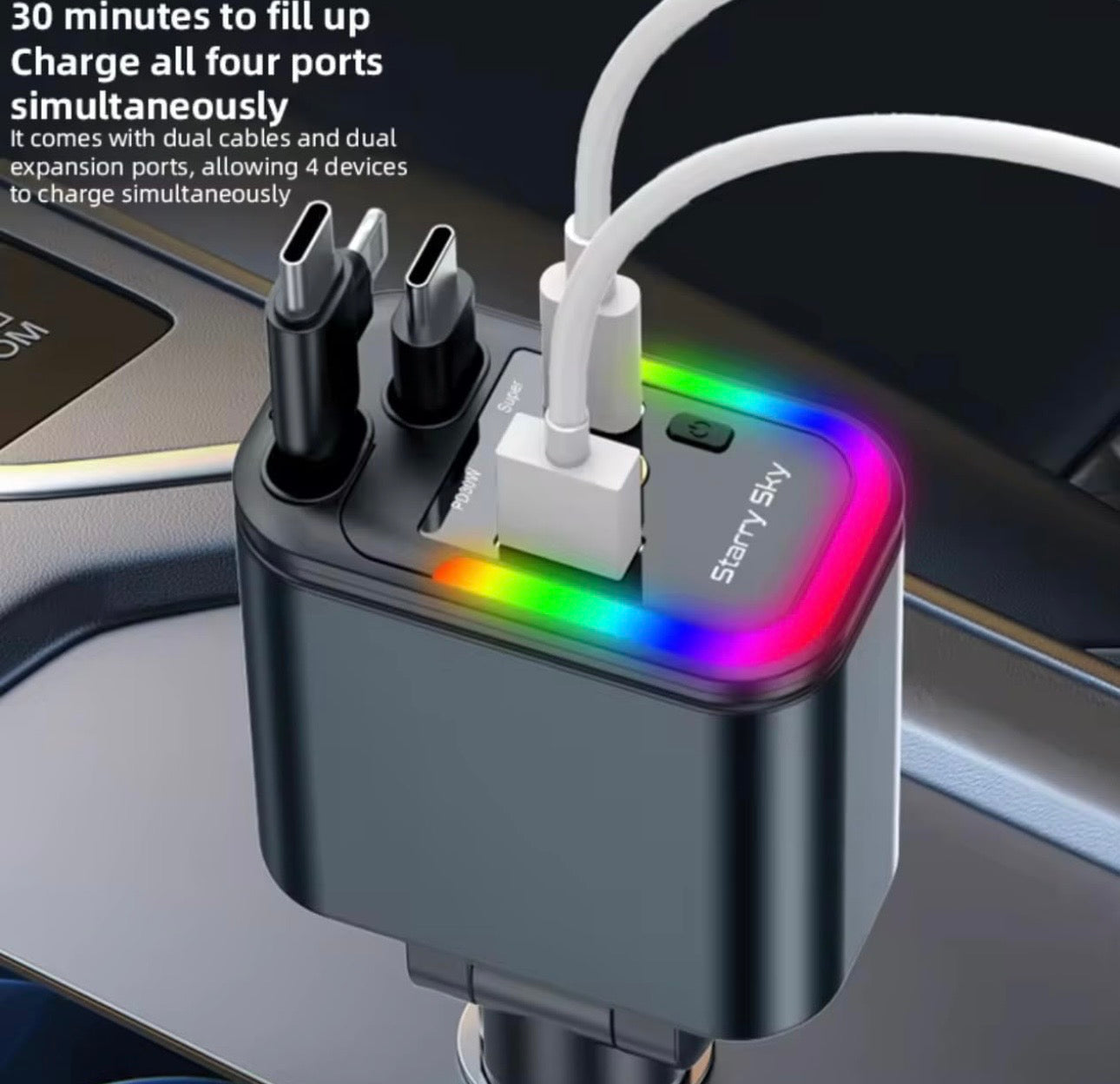 5 in 1 Car Charger, 120W Fast USB-C Adapter, LED Ambient Light, Multiple Ports, 180° Rotating Design