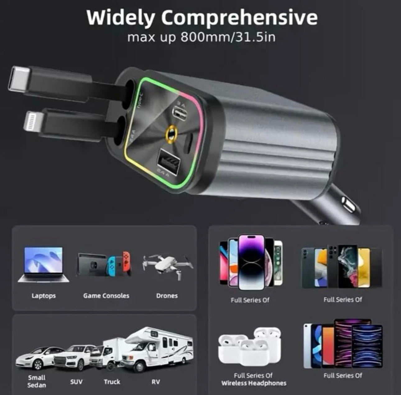 Retractable Car Charger with RGB Light Effect and Multiple Connector Options for Convenient Charging usb