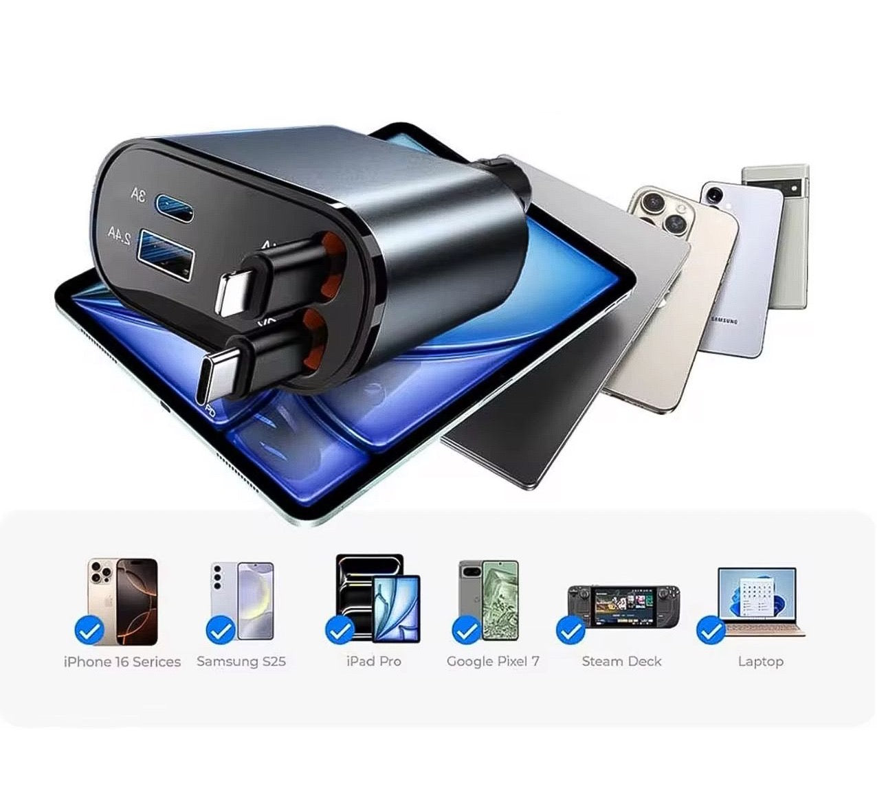 60W Fast Car Charger with Digital Display - Dual USB-C & USB-A Ports