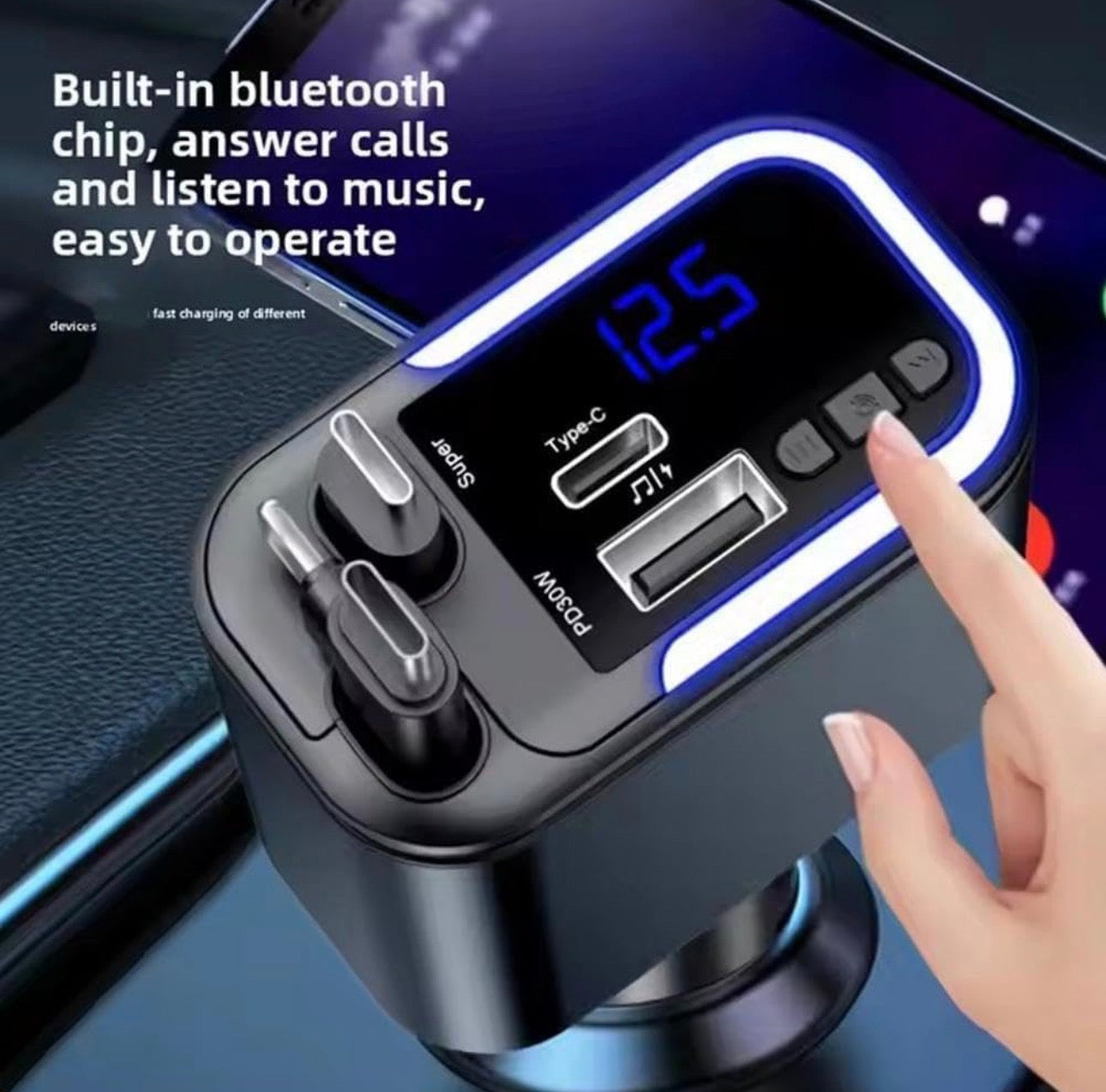180W Car Charger with Bluetooth, 5-in-1 Fast Charging Station, Type-C PD3.0, LED Display, FM Transmitter, Dual USB Ports, 30 Min Quick Charge Compatible