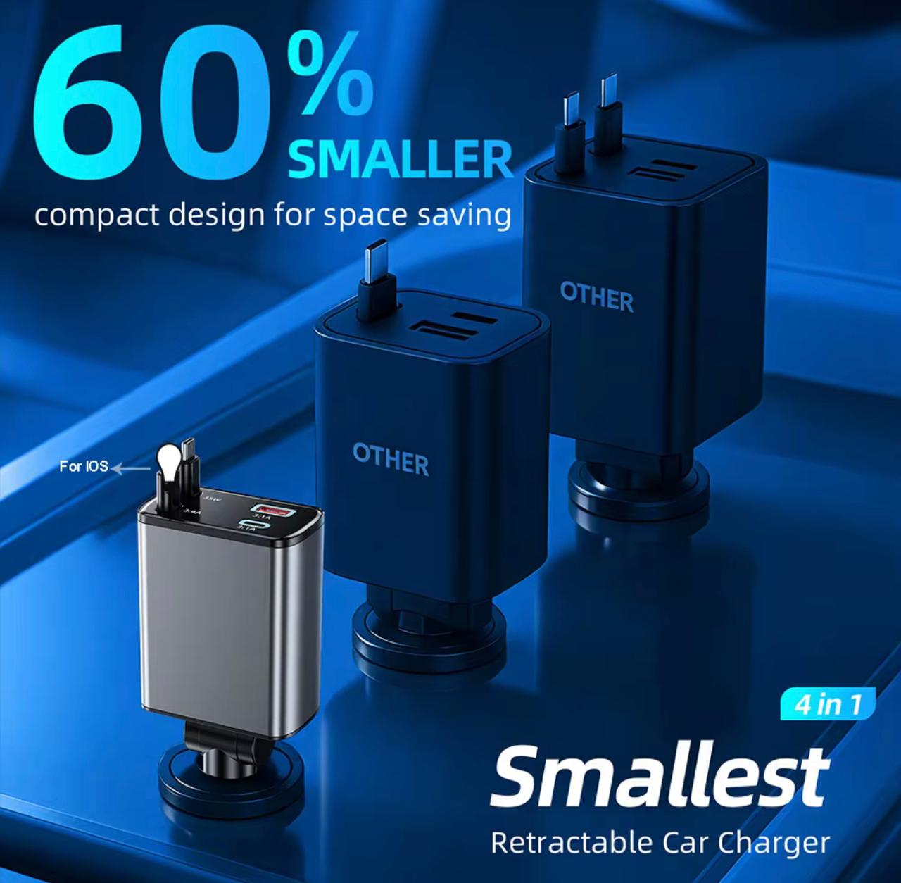 60W Fast Car Charger with Digital Display - Dual USB-C & USB-A Ports