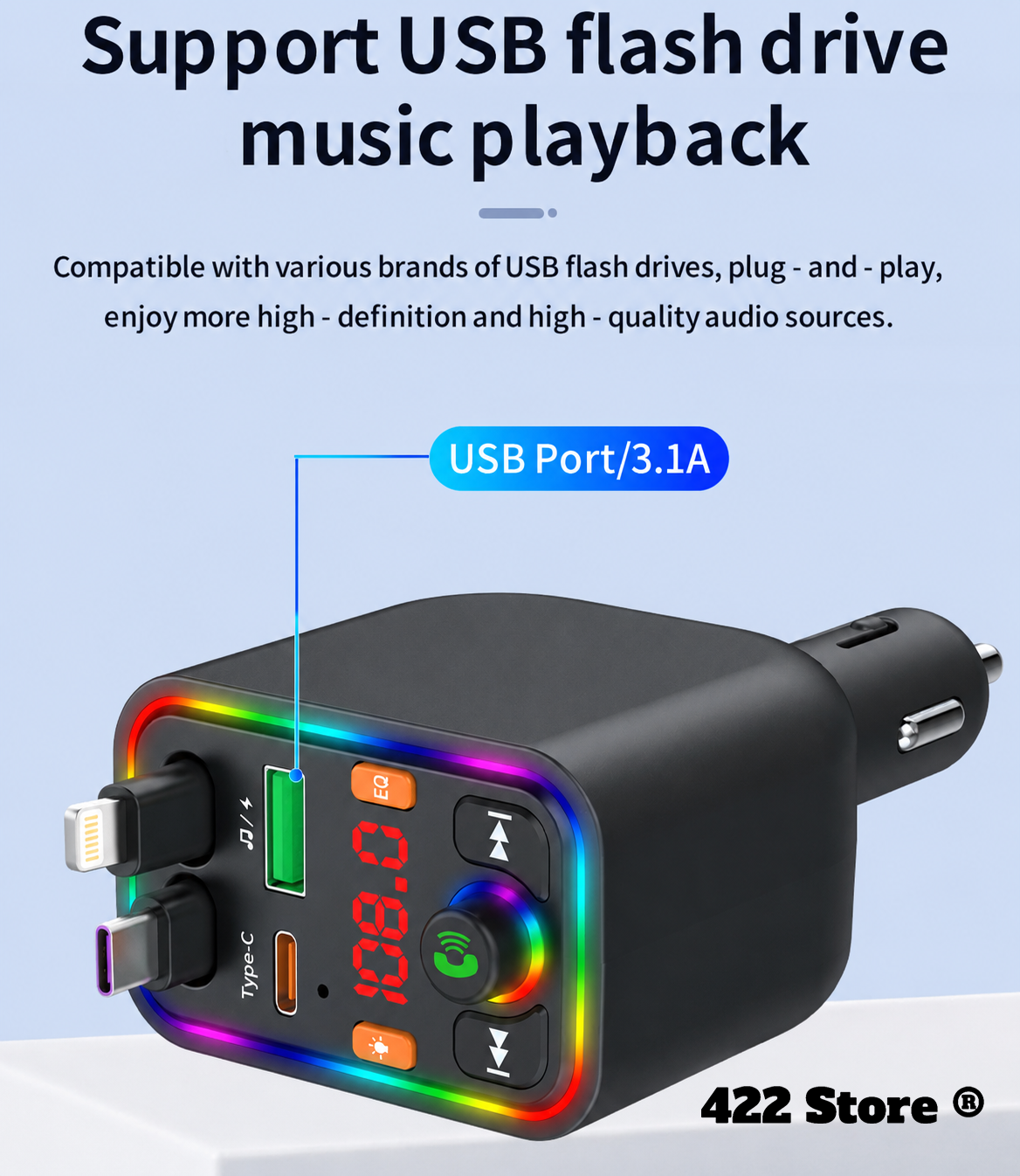 120W Telescopic Car Charger 5-in-1 PD Type-C USB Adapter, Multi Overload Protection, Star Light FM Player Car Charger