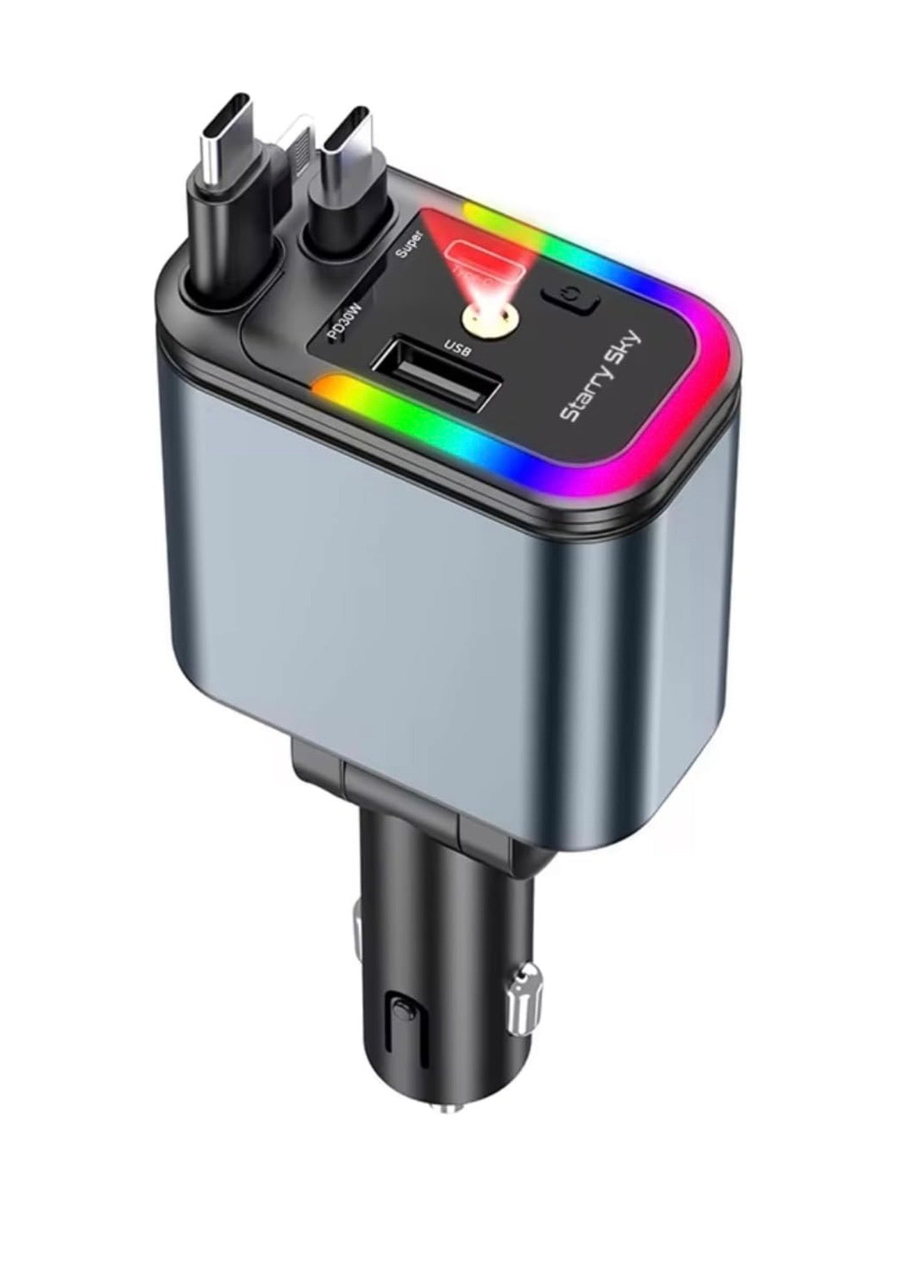 5 in 1 Car Charger, 120W Fast USB-C Adapter, LED Ambient Light, Multiple Ports, 180° Rotating Design