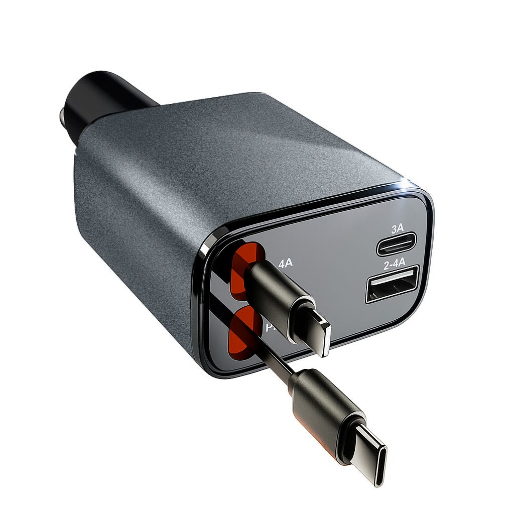 60W Fast Car Charger with Digital Display - Dual USB-C & USB-A Ports