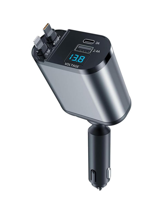 Retractable Car Charger 4 in 1 Dual Port USB C PD Fast Charging Car Cigarette Lighter Adapter with Voltage Display Compatible with iPhone 14 13 Pro Max, iPad, Samsung (DulaTypeC)