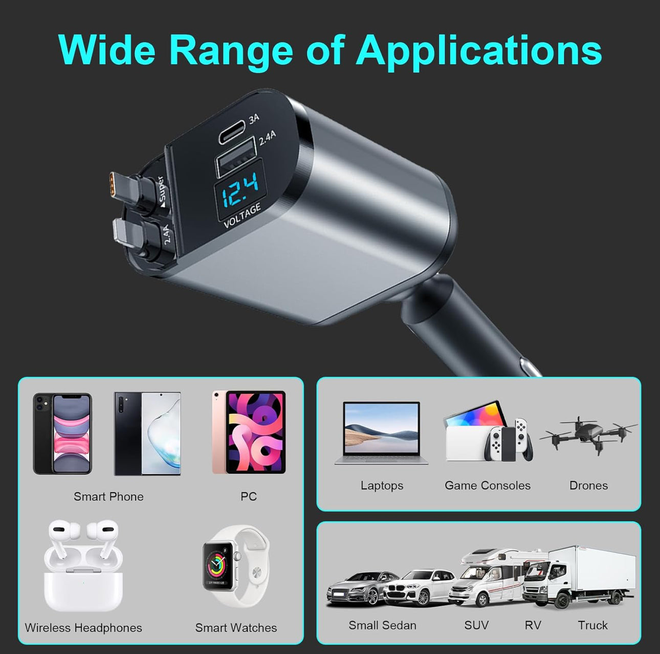 Retractable Car Charger 4 in 1 Dual Port USB C PD