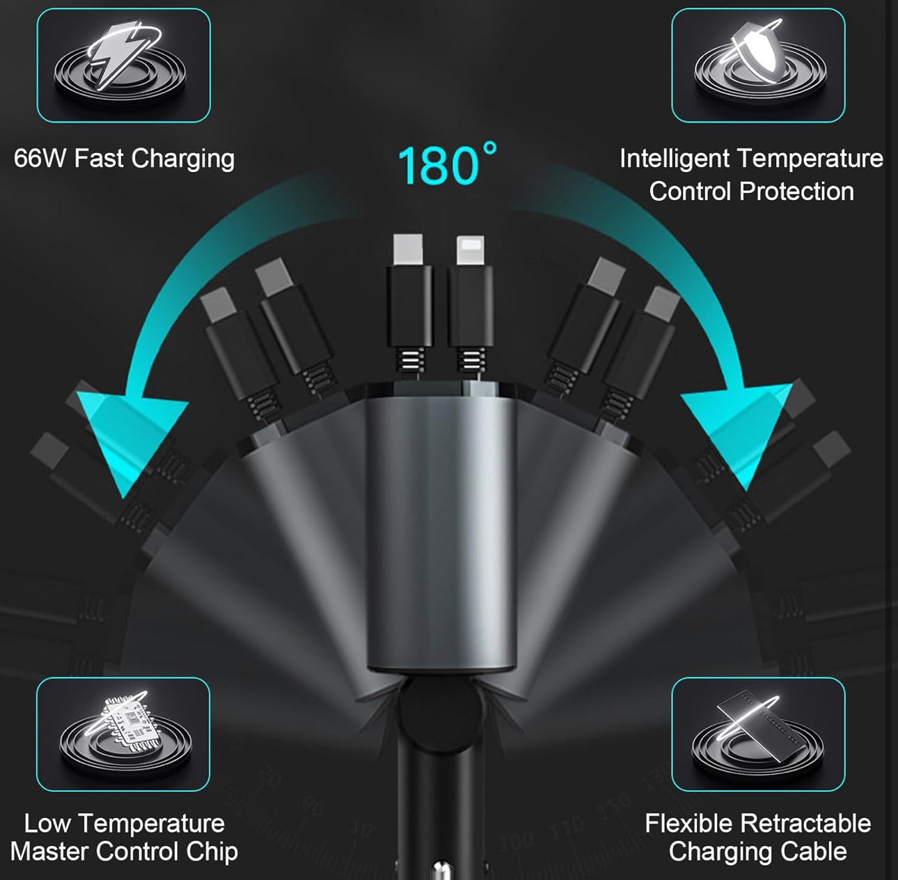 Retractable Car Charger 4 in 1 Dual Port USB C PD