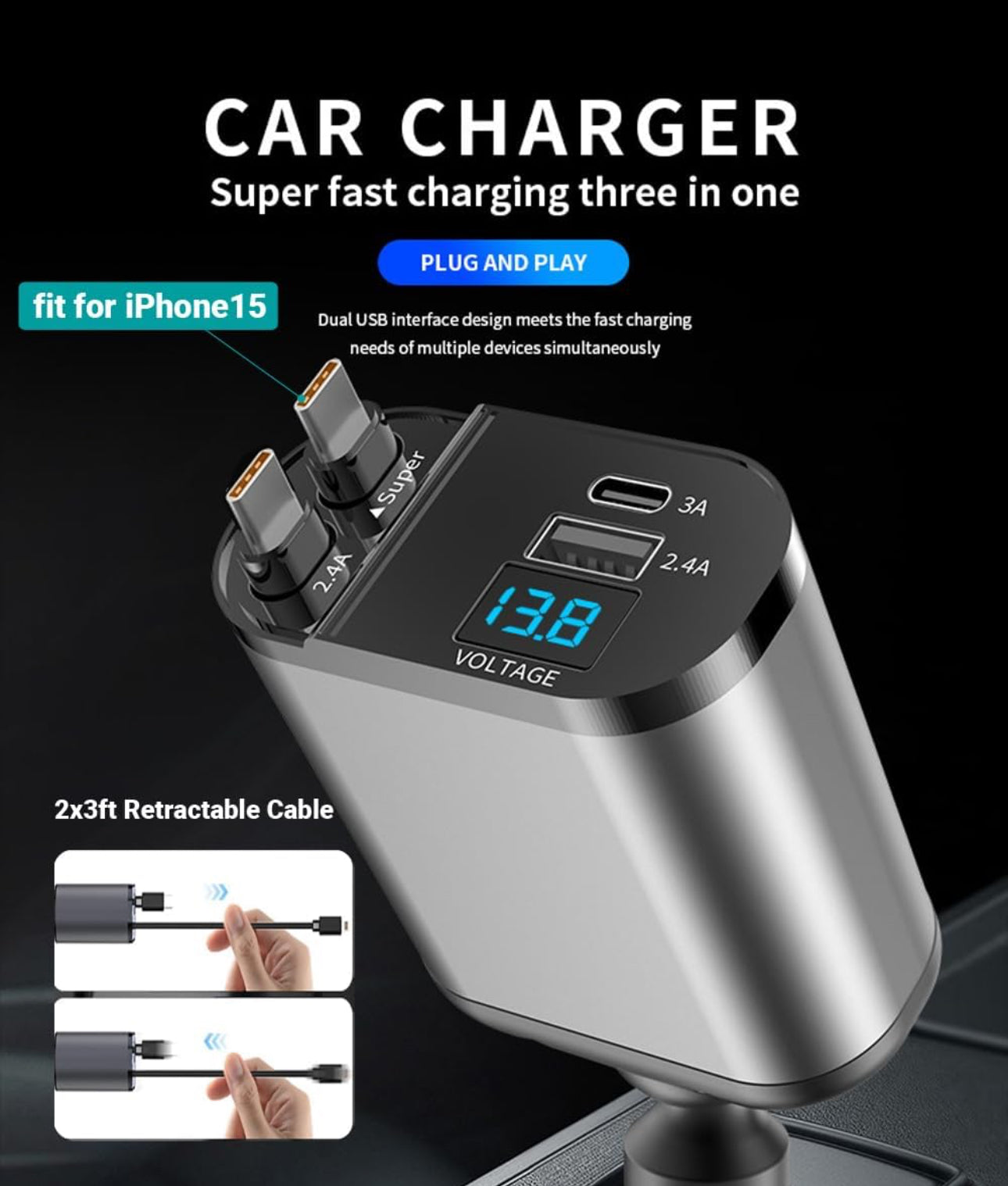 Retractable Car Charger 4 in 1 Dual Port USB C PD