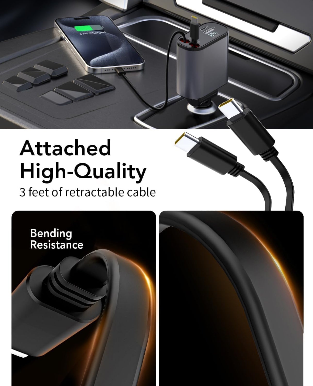 60W Fast Car Charger with Digital Display - Dual USB-C & USB-A Ports