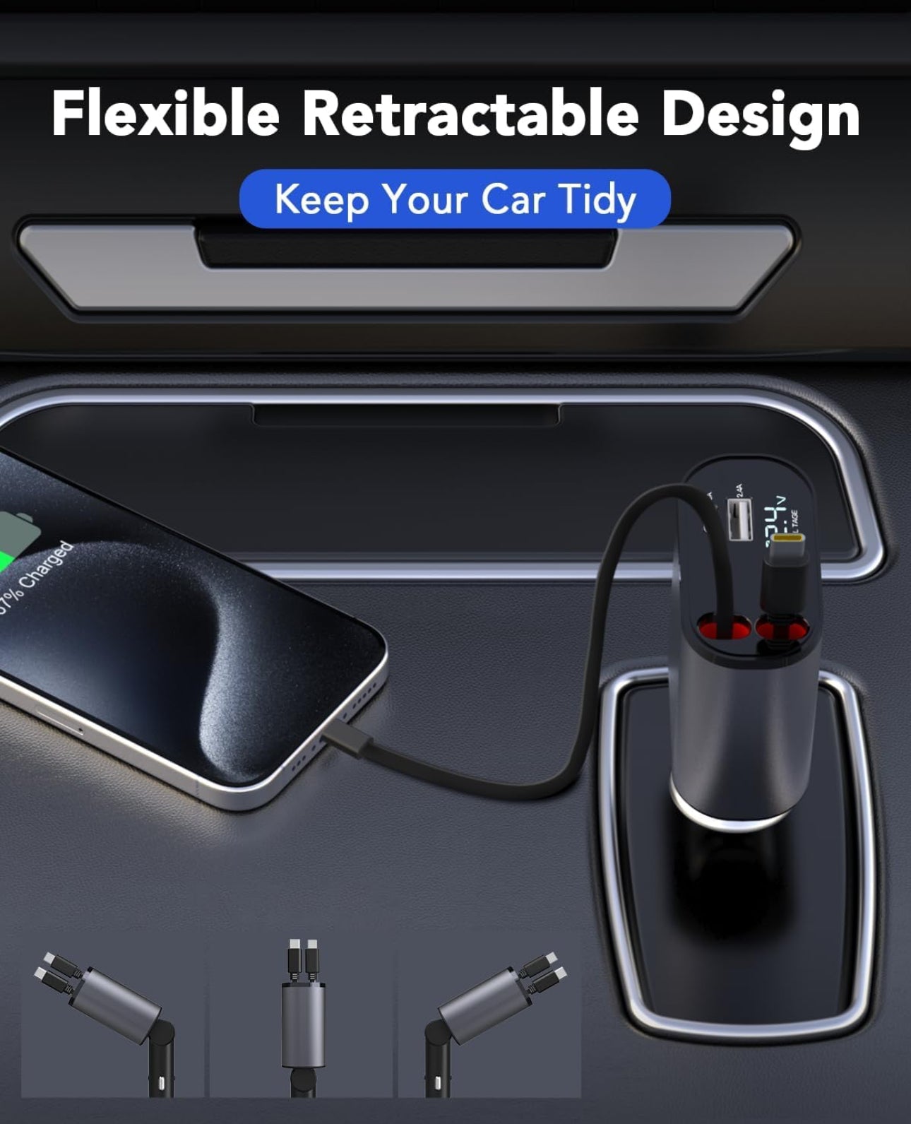 60W Fast Car Charger with Digital Display - Dual USB-C & USB-A Ports