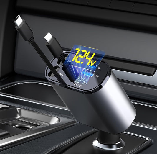 60W Fast Car Charger with Digital Display - Dual USB-C & USB-A Ports
