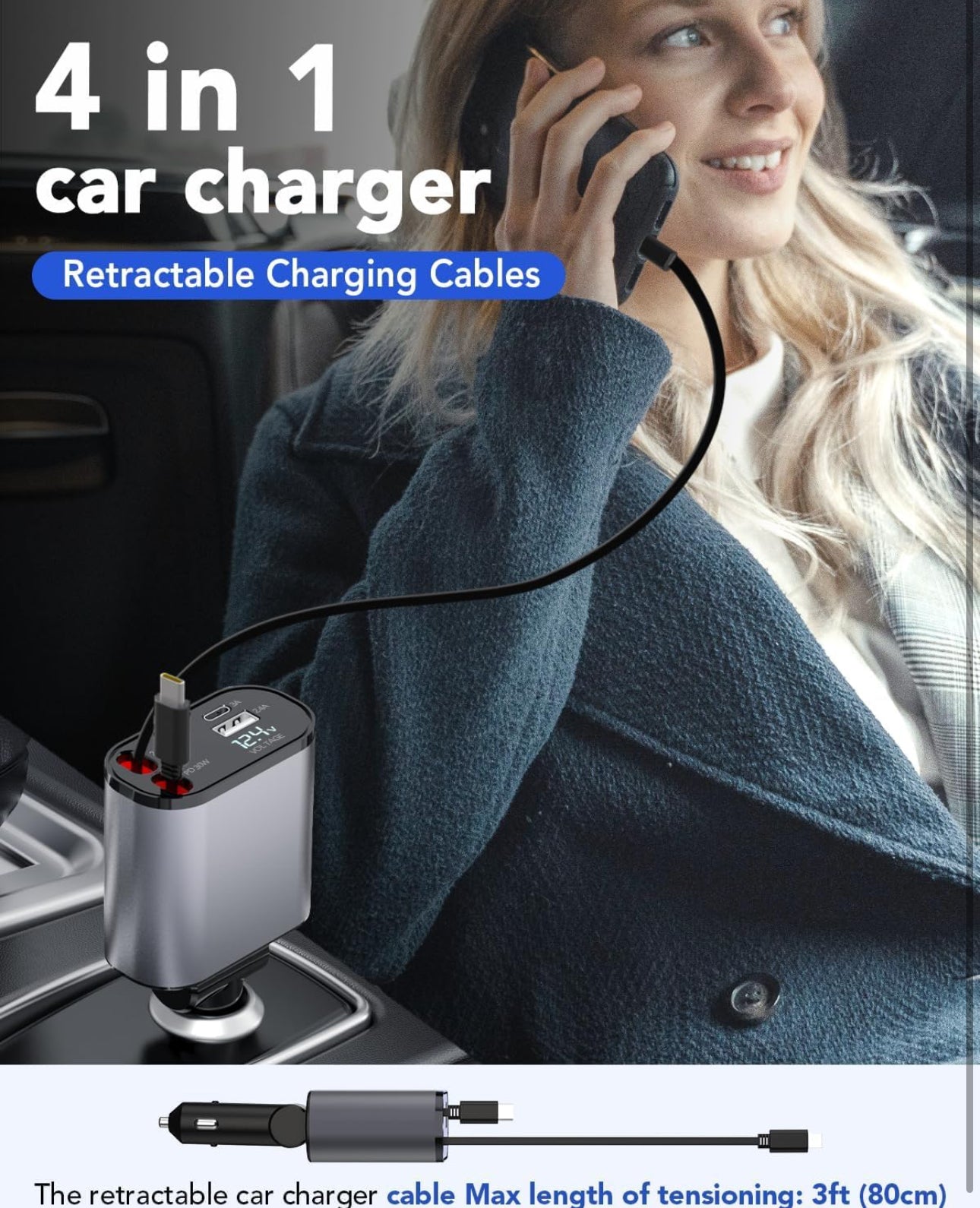 60W Fast Car Charger with Digital Display - Dual USB-C & USB-A Ports