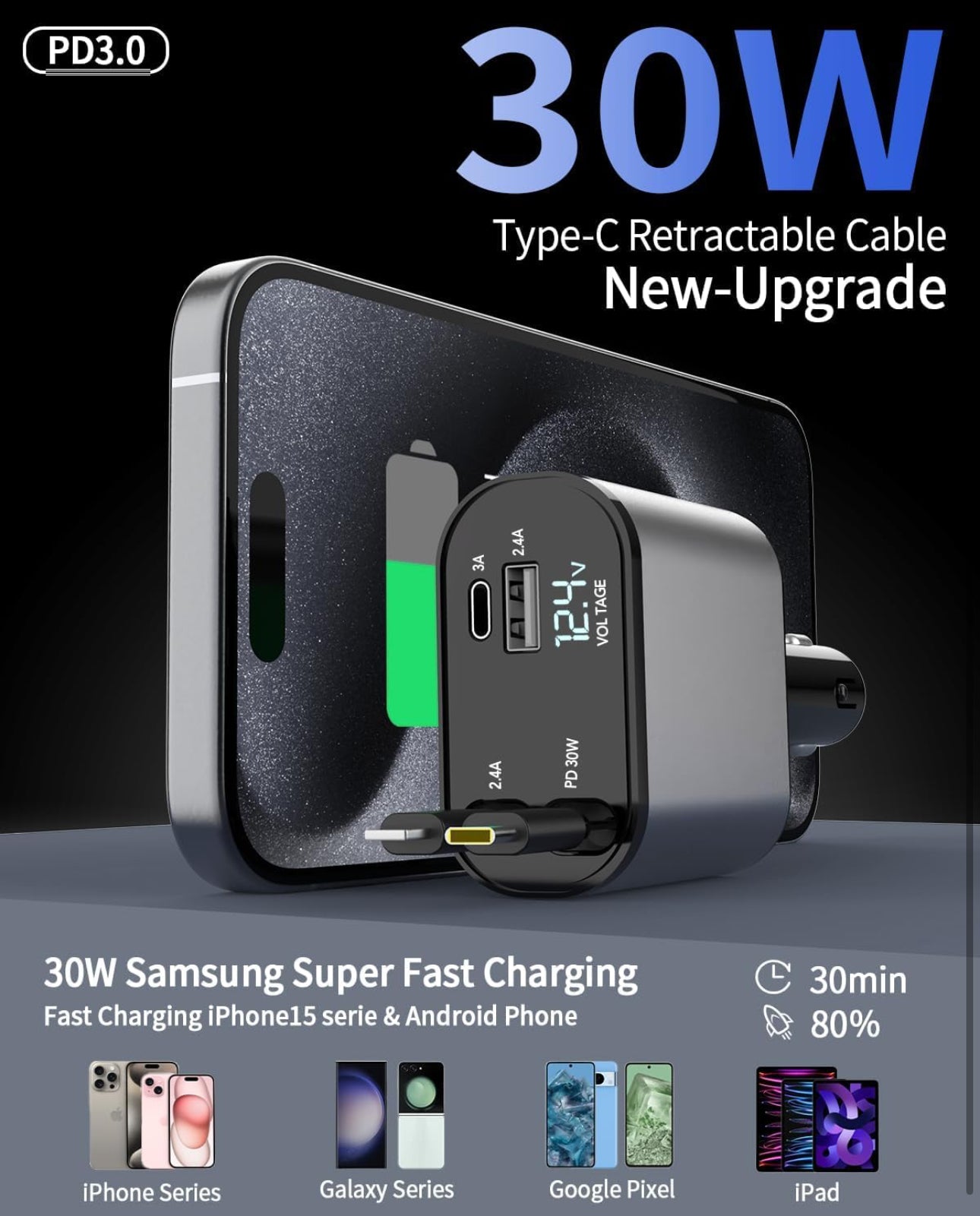 60W Fast Car Charger with Digital Display - Dual USB-C & USB-A Ports